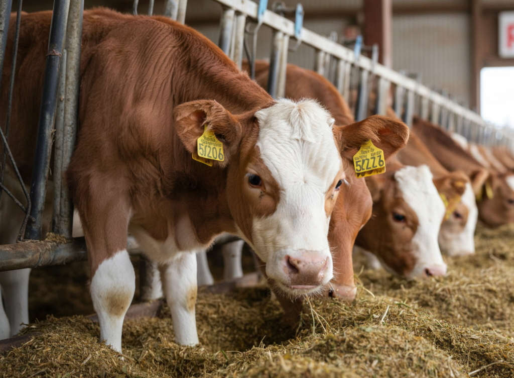 Vacas comiendo forraje en un establo