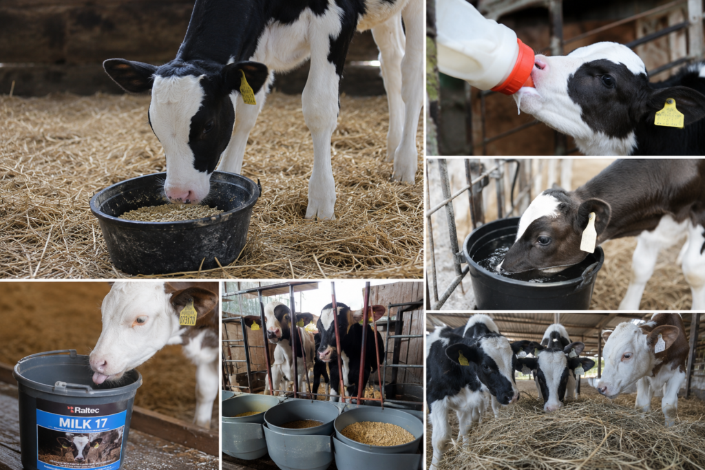 Terneros durante la primera etapa de alimentación con leche, alimento sólido y agua
